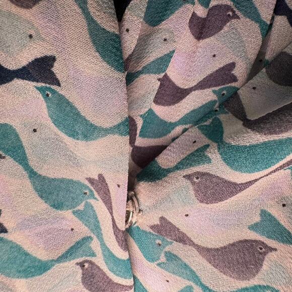 CAbi Women's Size Large Blouse Tweet Birds Faux Wrap Sheer Blue Teal Style #342 - Picture 5 of 9